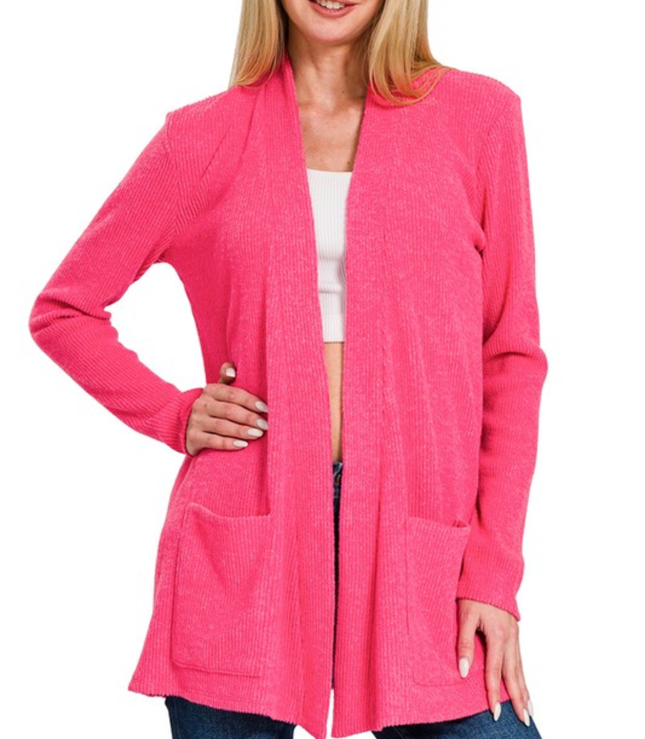 Pink Ribbed Hacci Open Cardigan with pockets