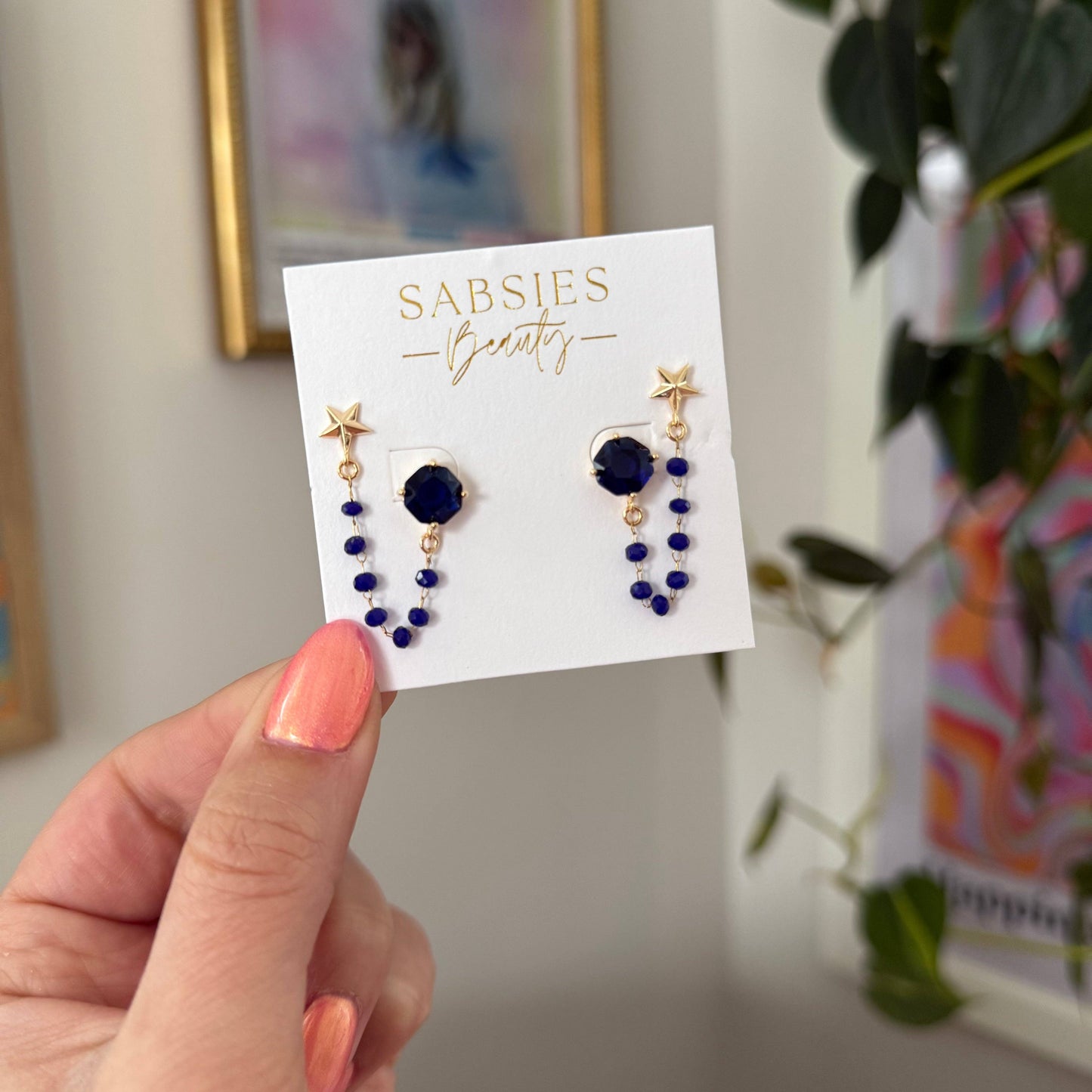 Dark Blue Beaded Chain Double Stud