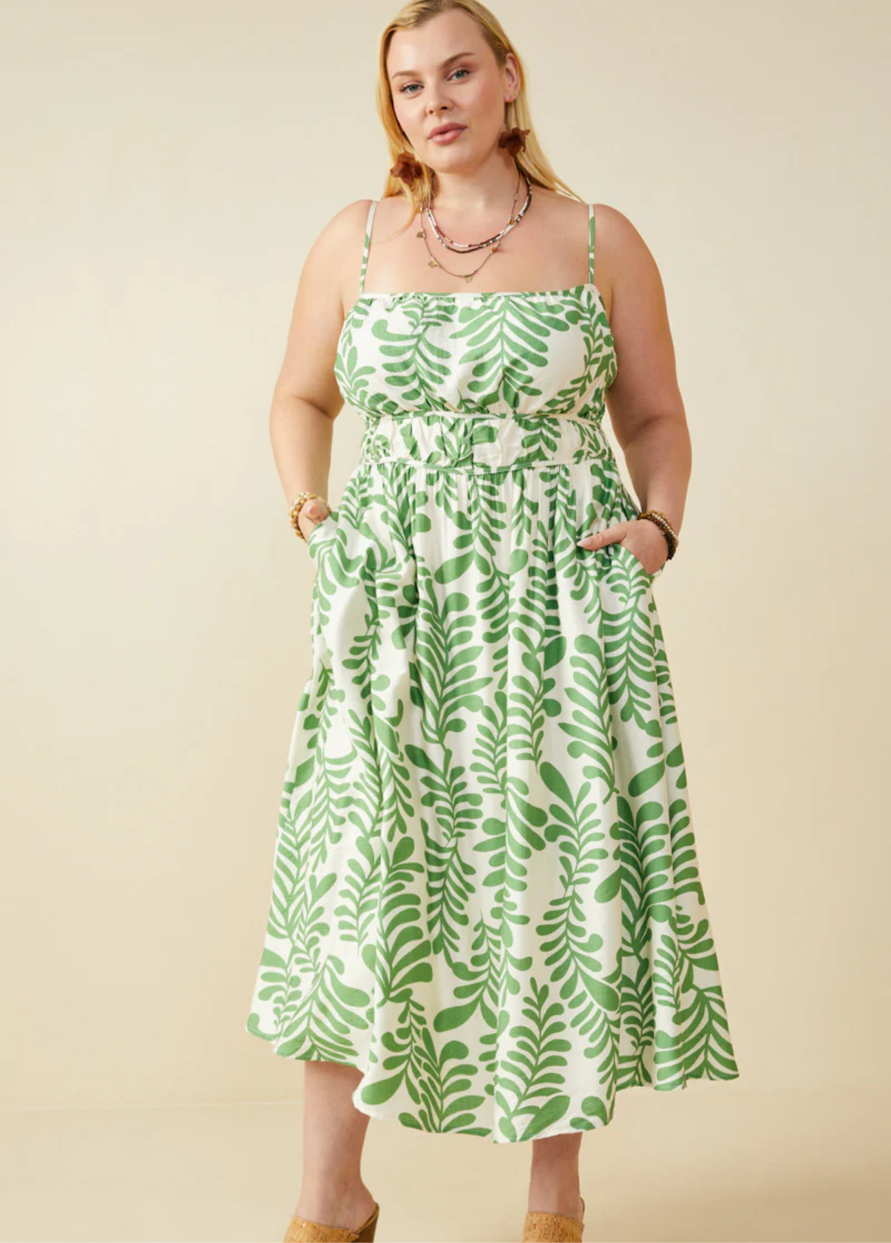 Hayden Green Leaf Smocked Back Sun Dress w/Pockets