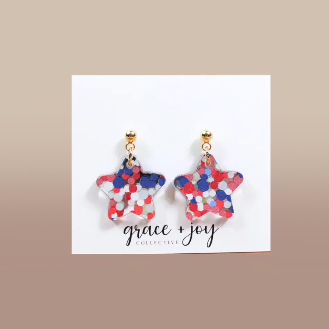 4th of July Red White Blue Star Dangle Earrings, Acrylic