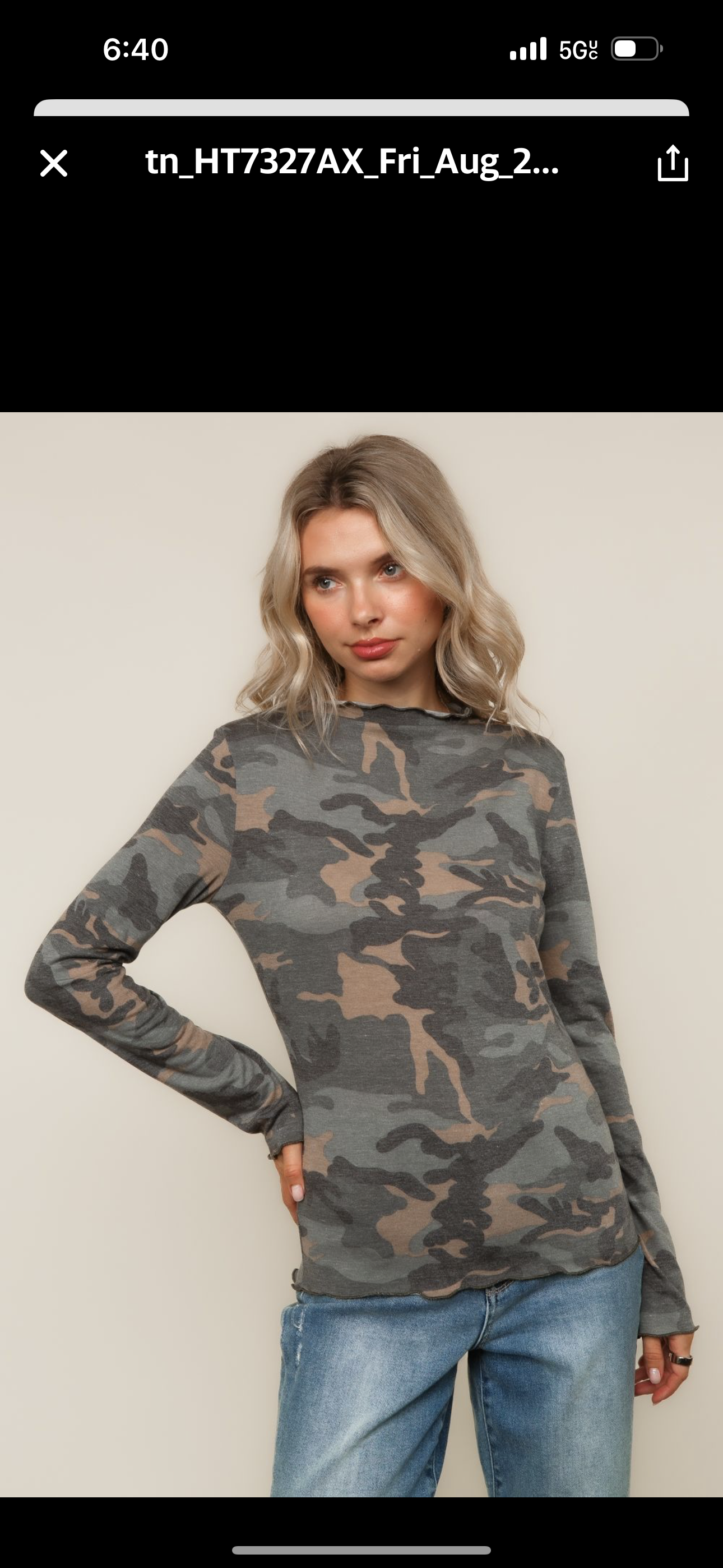 Mock Neck Long Sleeve Camoflage Print Knit Top w/Frilled Merrow Hem