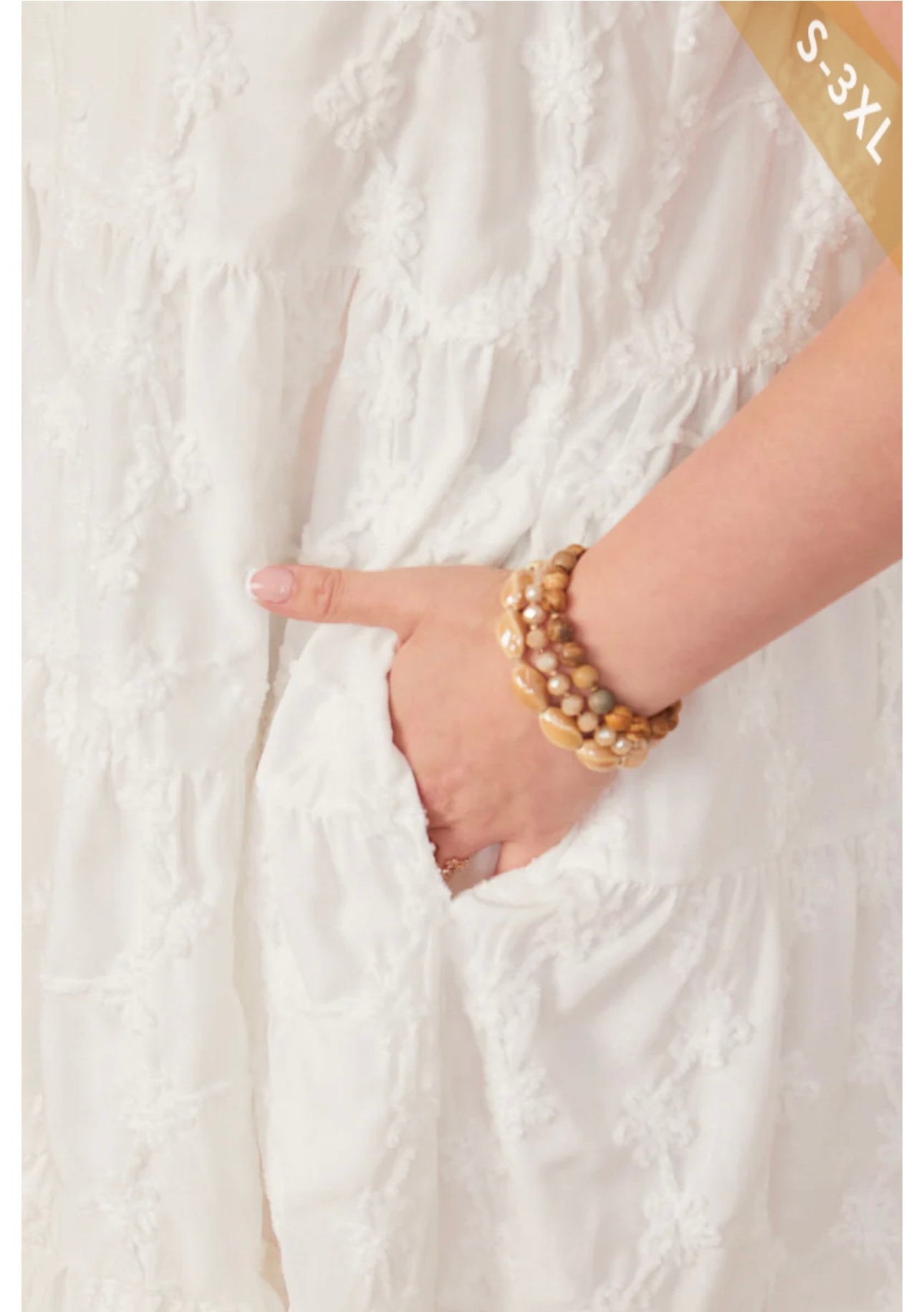 White Textured Floral Button Tiered Dress with Pockets