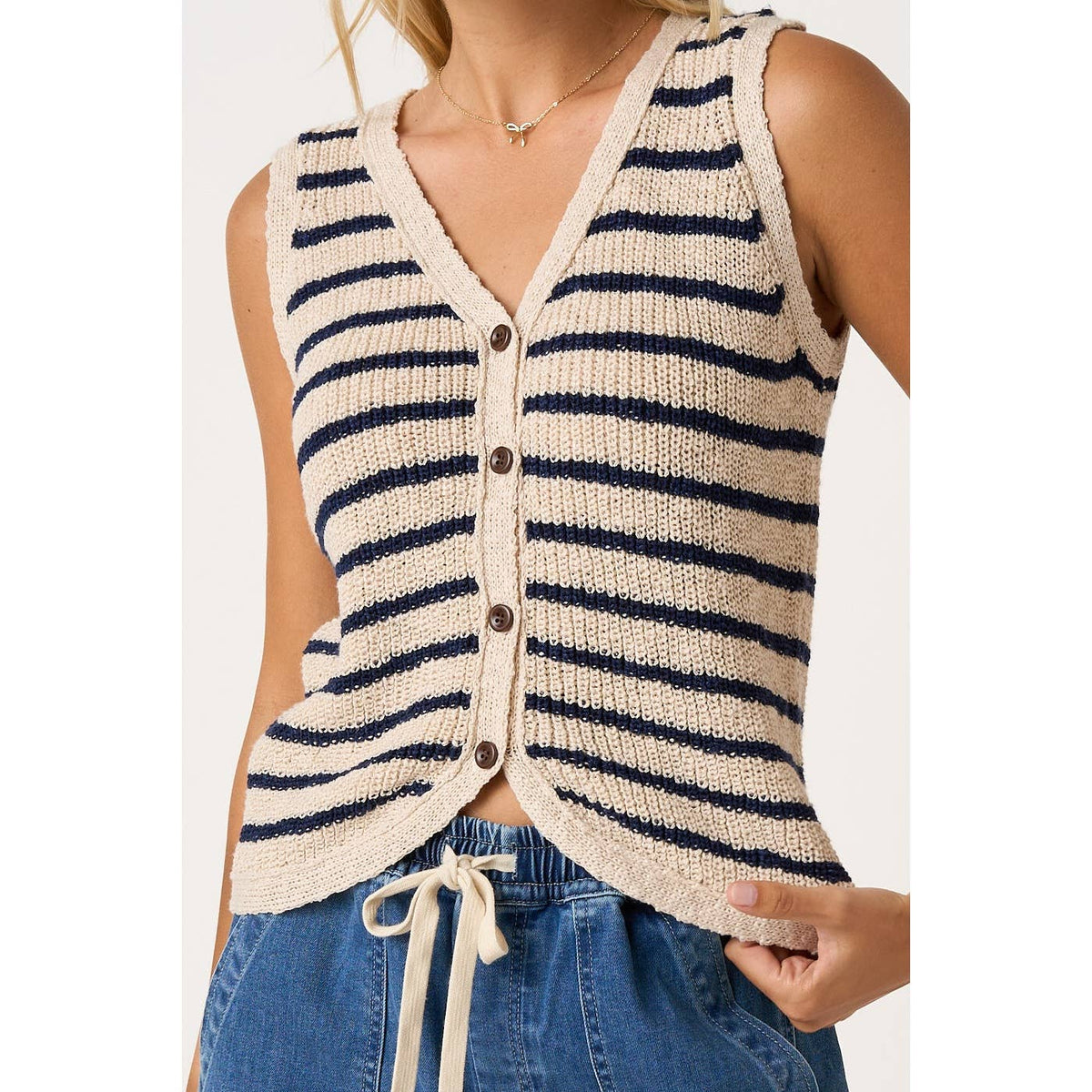 STRIPED V-NECK BUTTONED KNIT SWEATER VEST-Final Sale