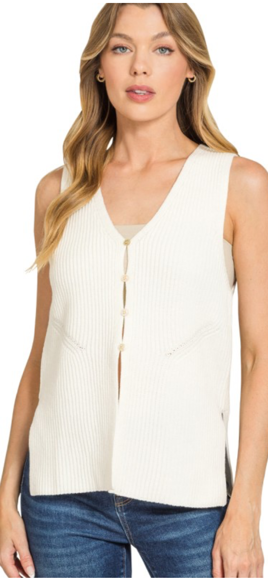 Four Button Vest with Side Slits in Ivory