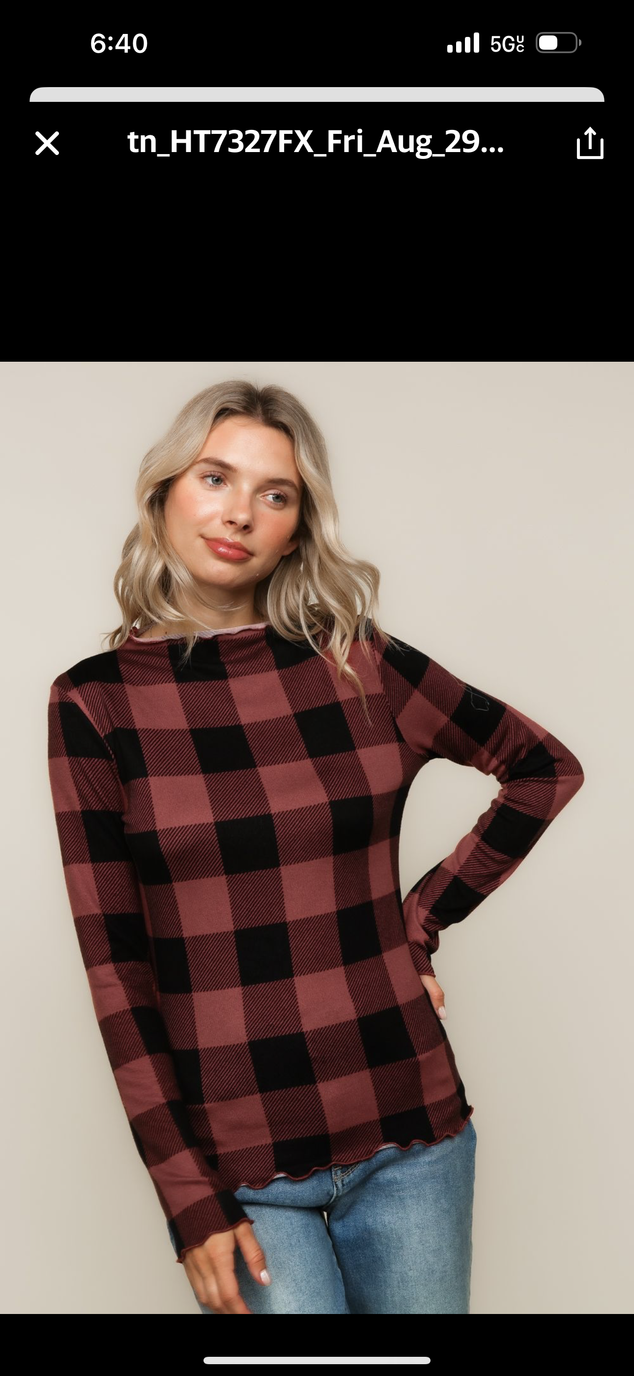 Mock Neck Long Sleeve Red/Black Plaid Print Knit Top w/Frilled Merrow Hem