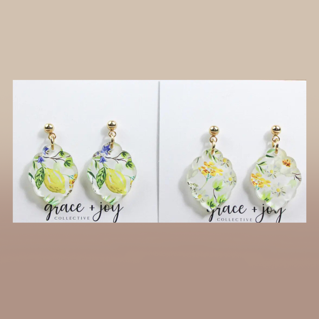 Watercolor Floral Lemon Scalloped Dangle Earrings