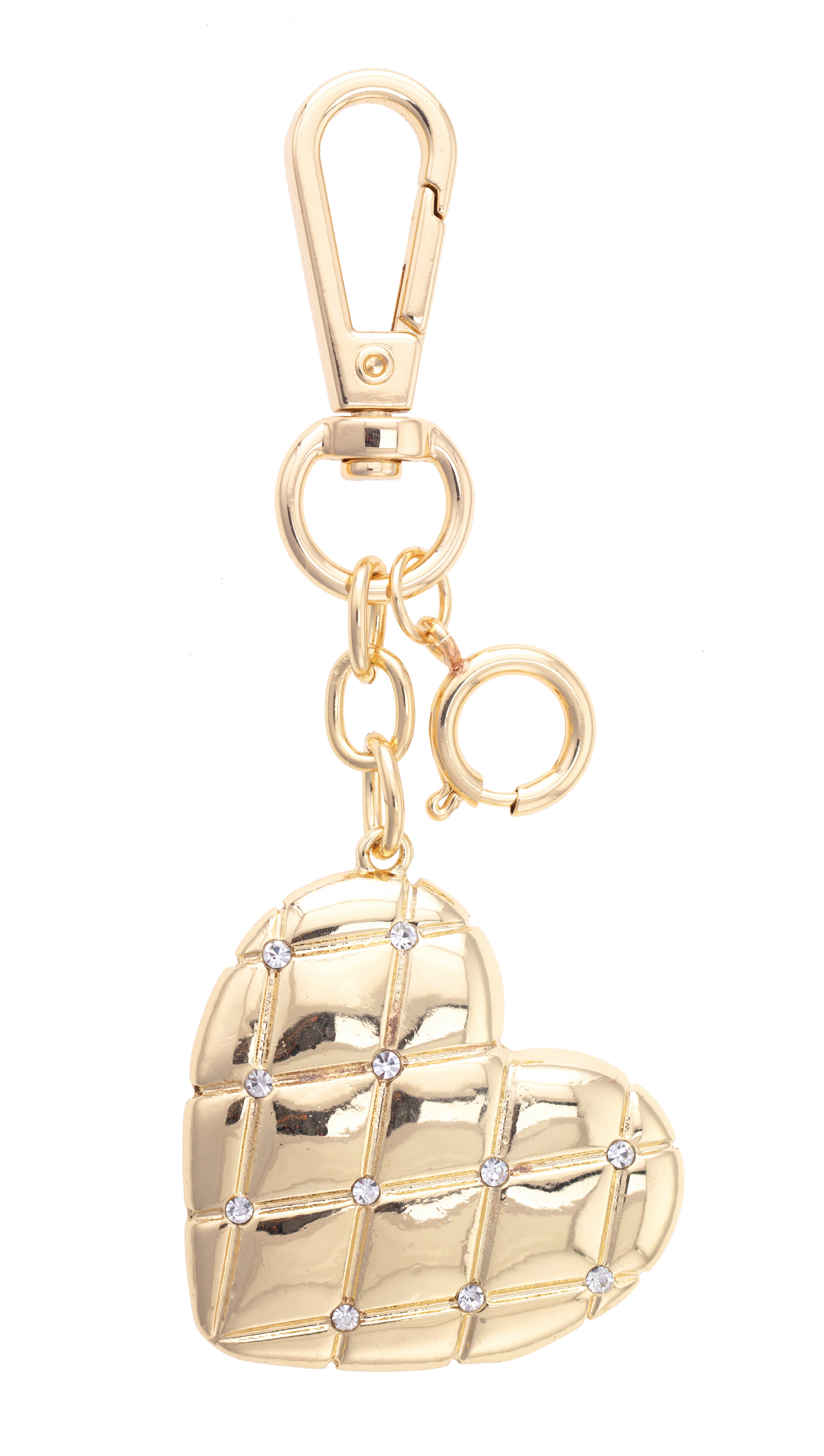 Rhinestone Quilted Heart Bag Charm in Shiny Gold