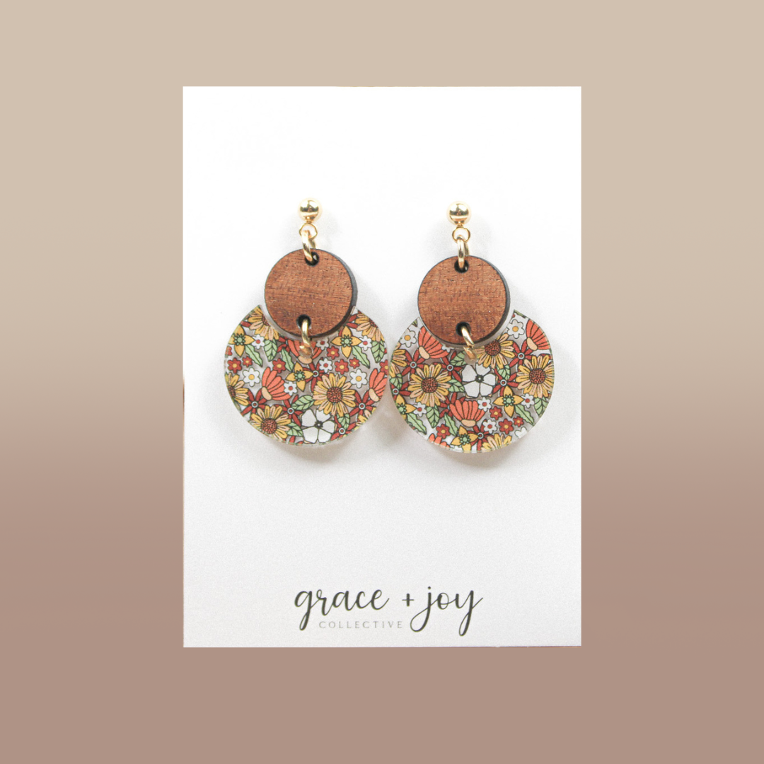 70's Retro flower Dangle Earrings, Fall sunflower earrings