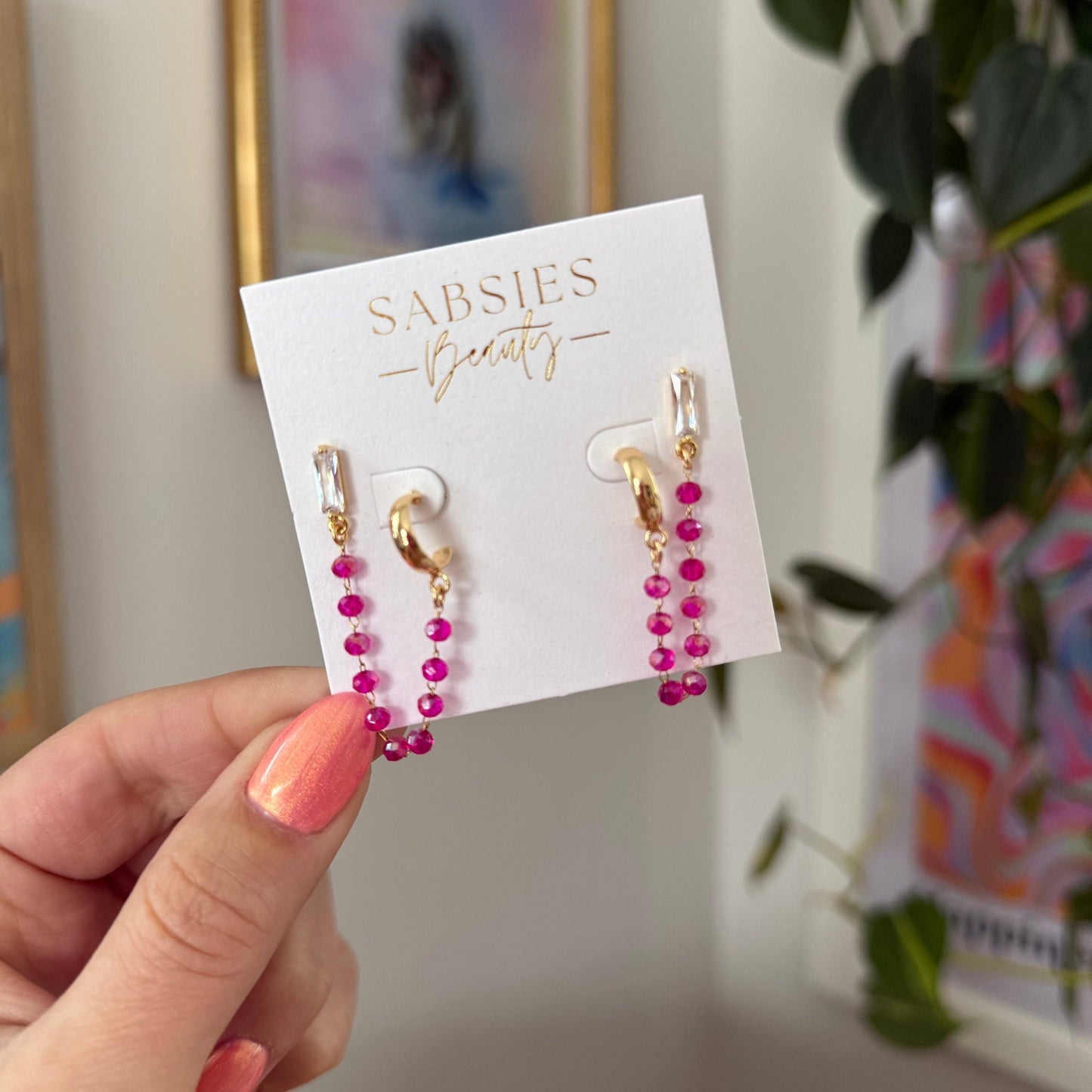 Hot Pink Half Hoop and Crystal Double Stud