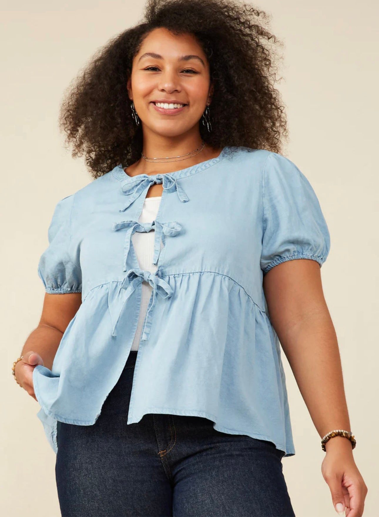 Tie Front Denim Blouse