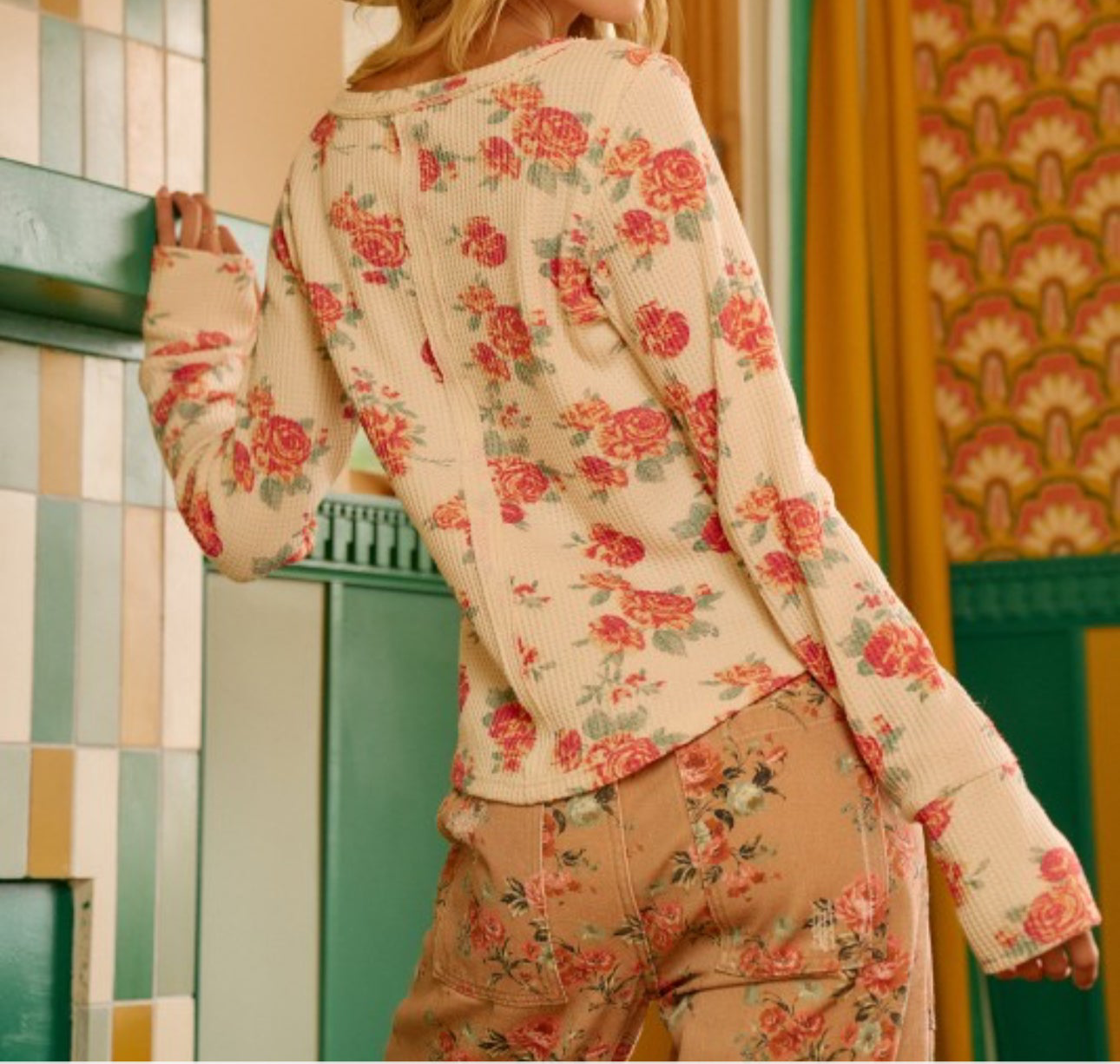 Floral Print Waffle Thermal Top with Thumb Holes