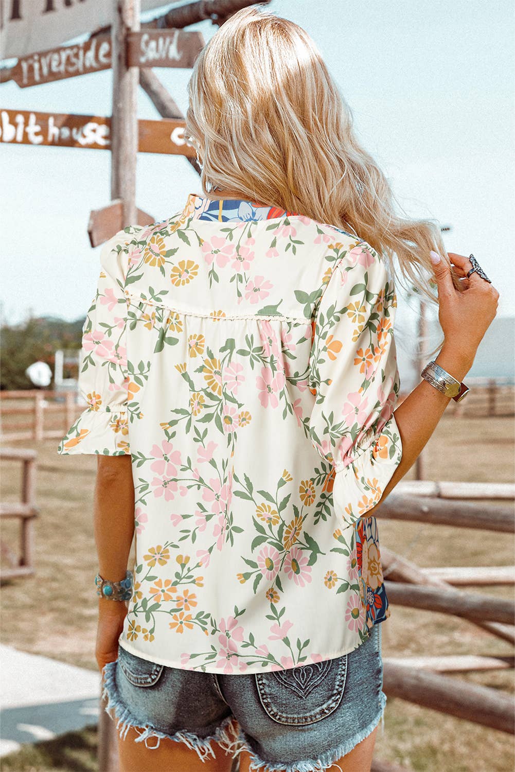 Fashion-W Boho V Neck Half Sleeve Floral Blouse Wholesale