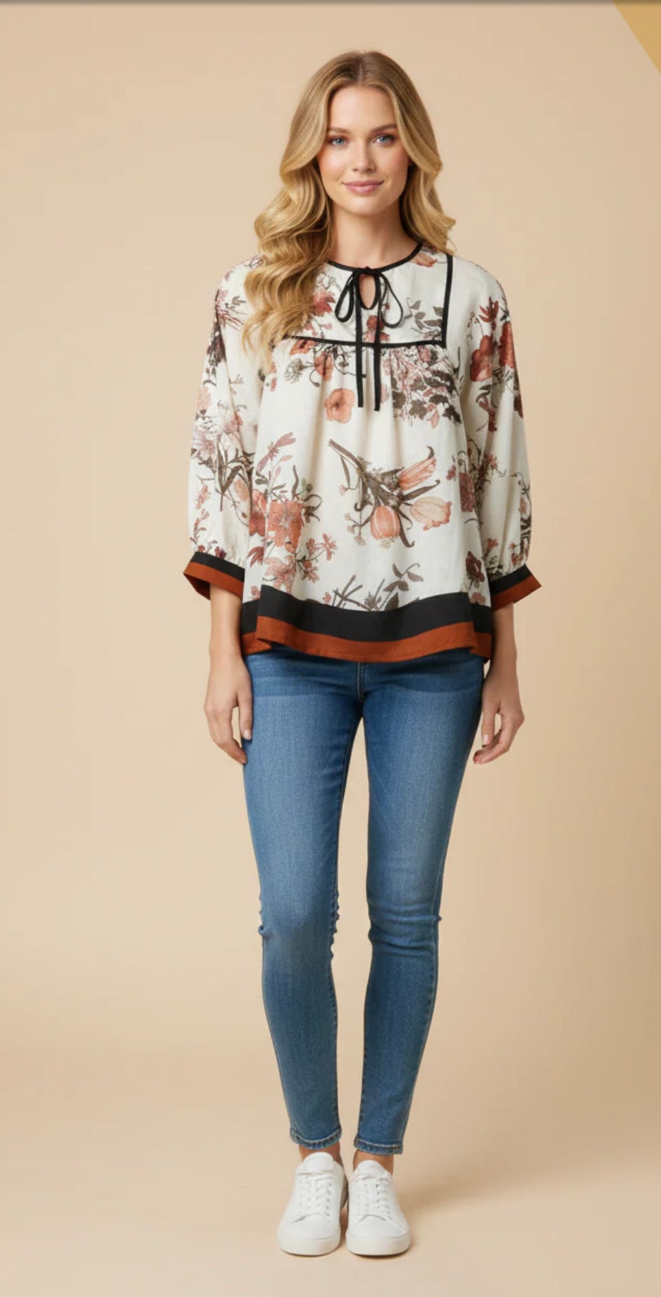 Blouse with Floral Piping and Border Detail