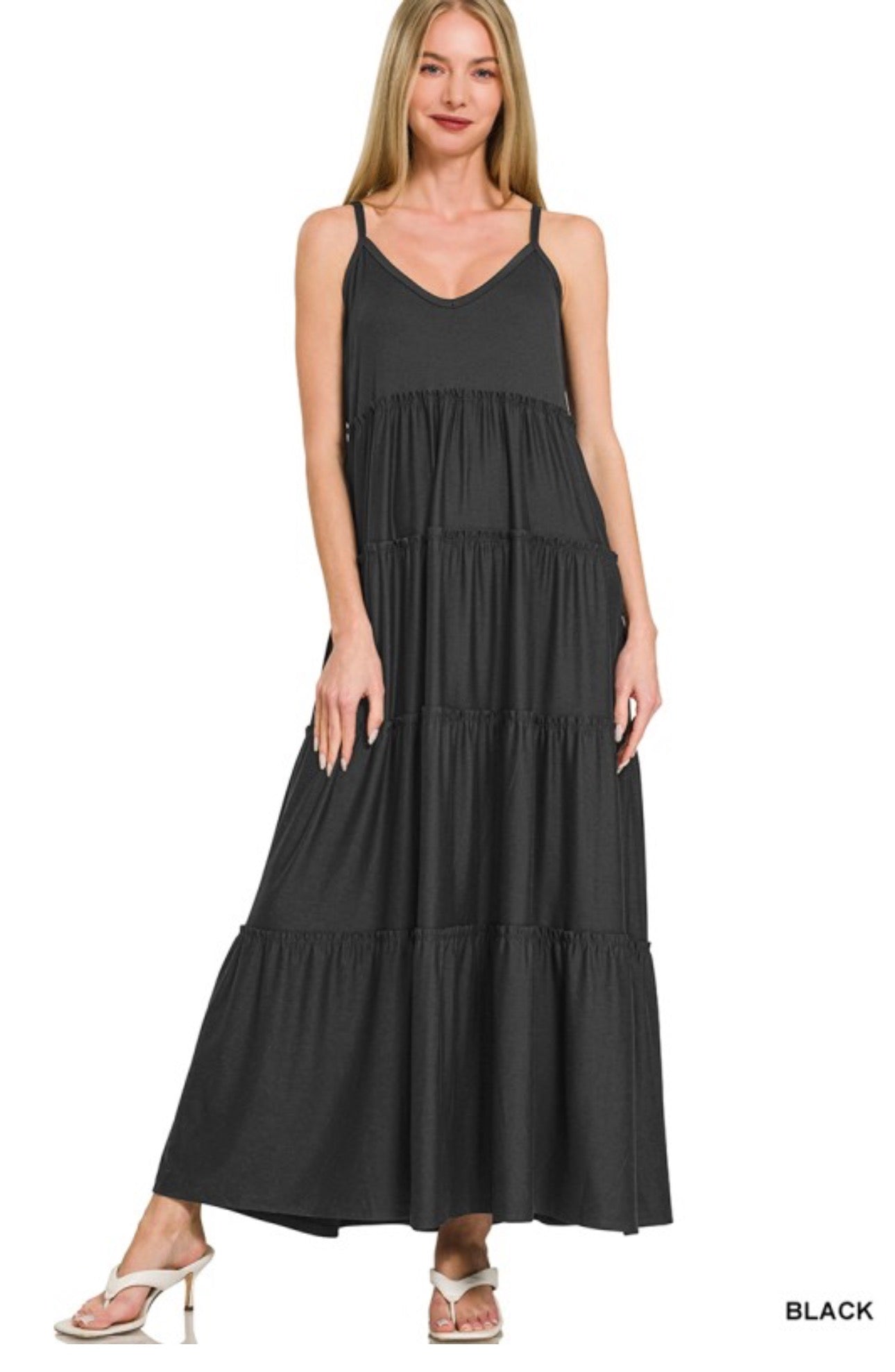 Tiered Maxi Dress with pockets in black