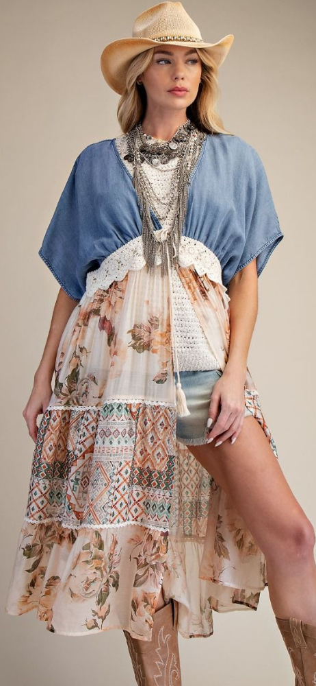 Denim and Patchwork Print Kimono