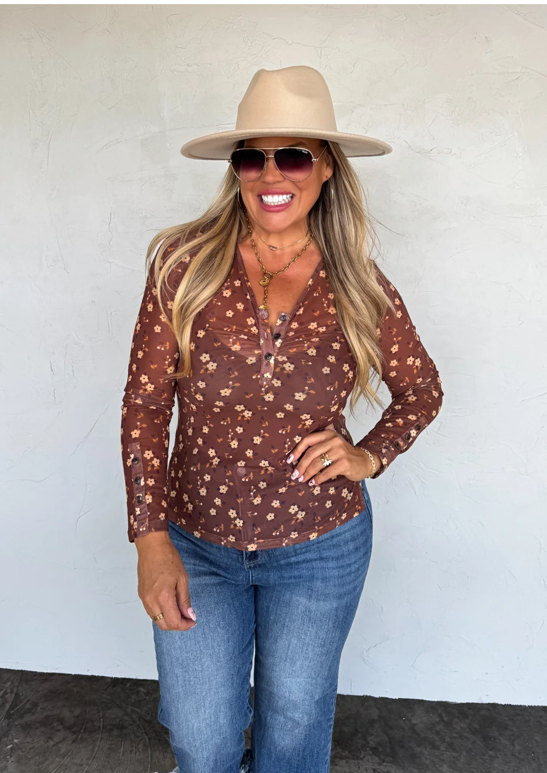 V Neck Floral Mesh Top