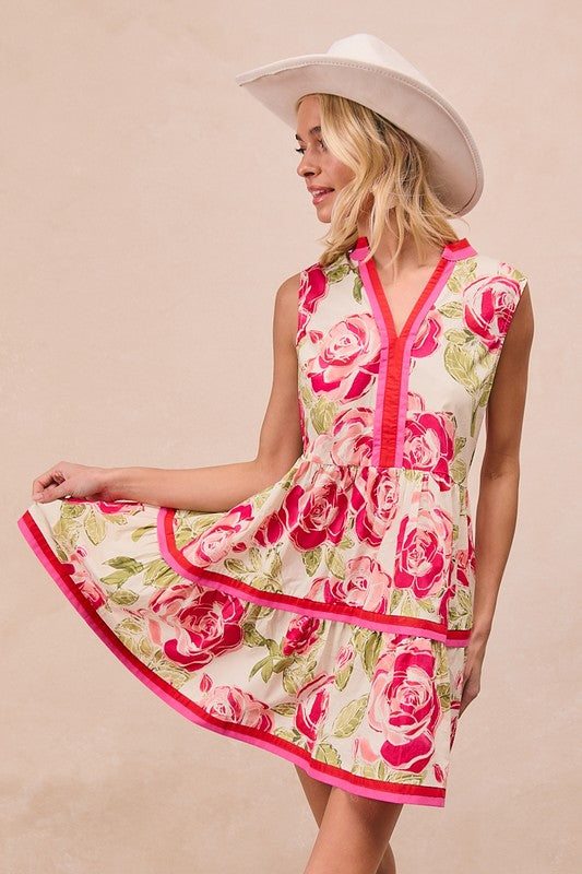 Floral Printed Woven Contrast Edge Sleeveless V Neck