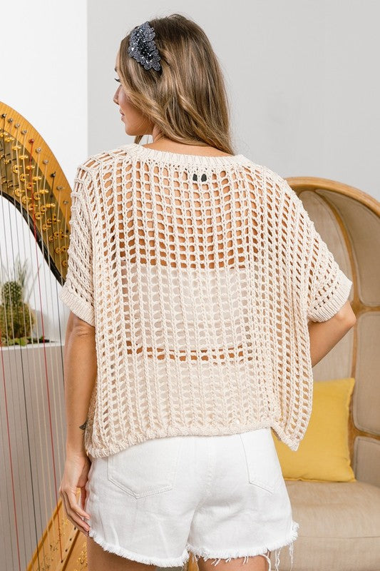 Short Sleeve Net Crochet Top - Oatmeal