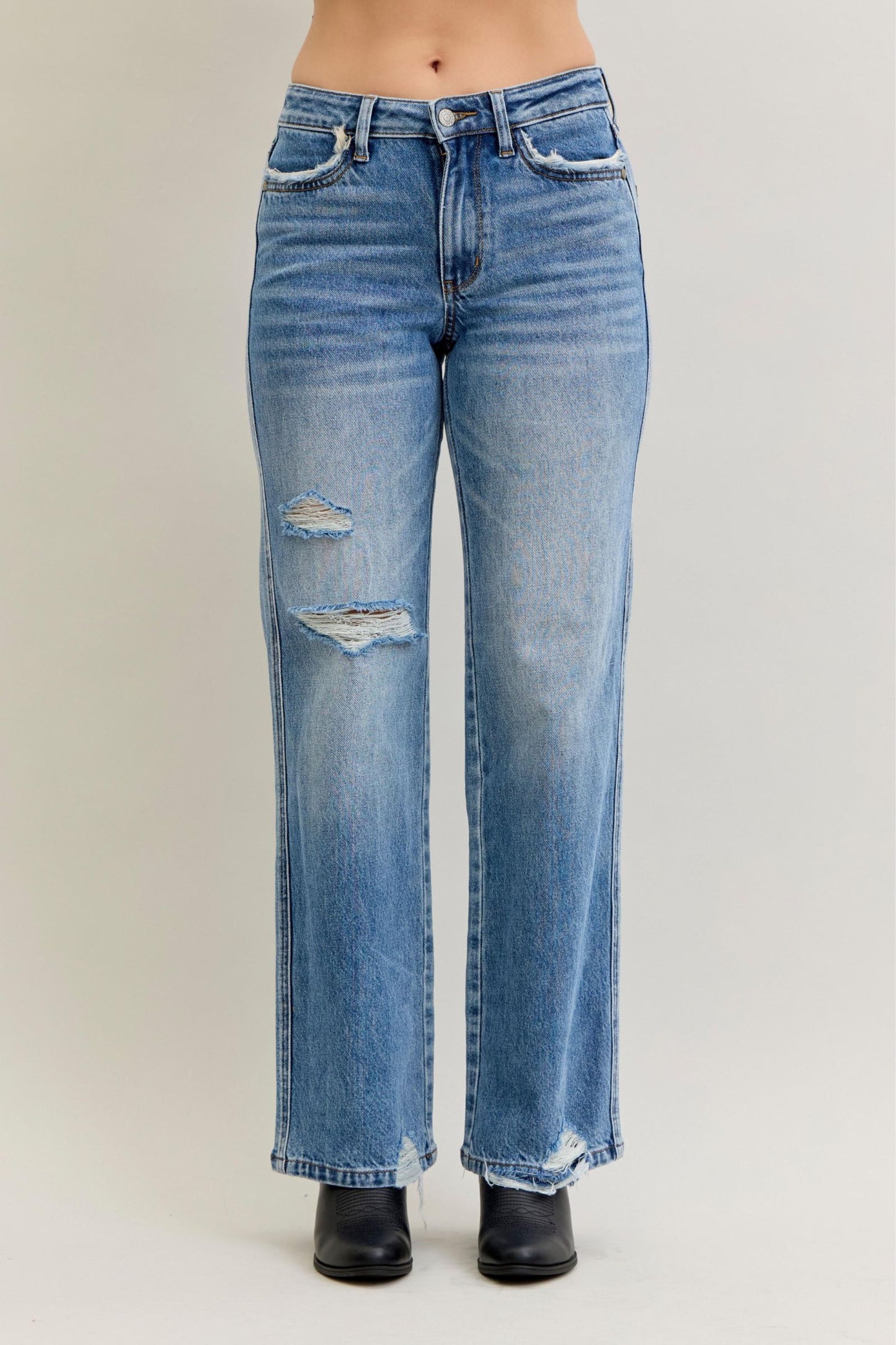 Judy Blue Mid Rise 90's Straight Rigid Magic Destroy Straight Jeans