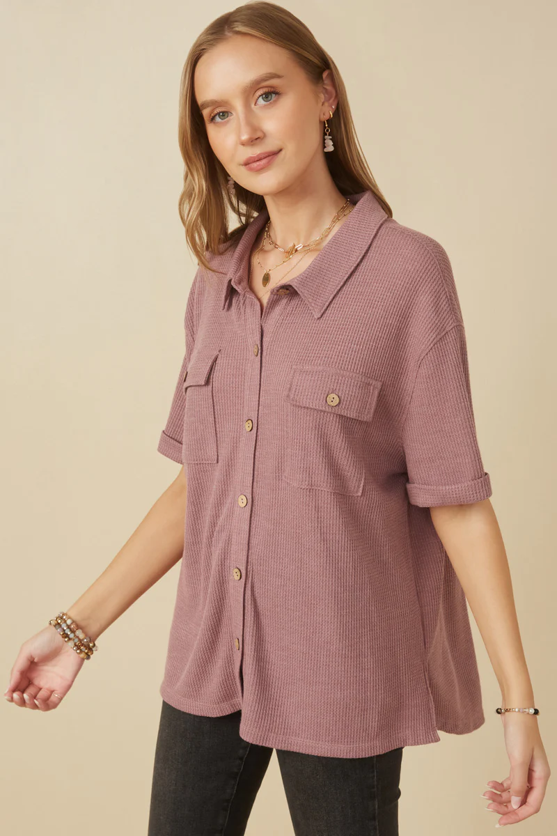 Waffle Knit Chest Pocket Short Sleeve Shirt