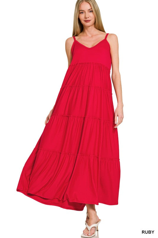 V-Neck Cami Maxi Tiered Dress w/Side Pockets