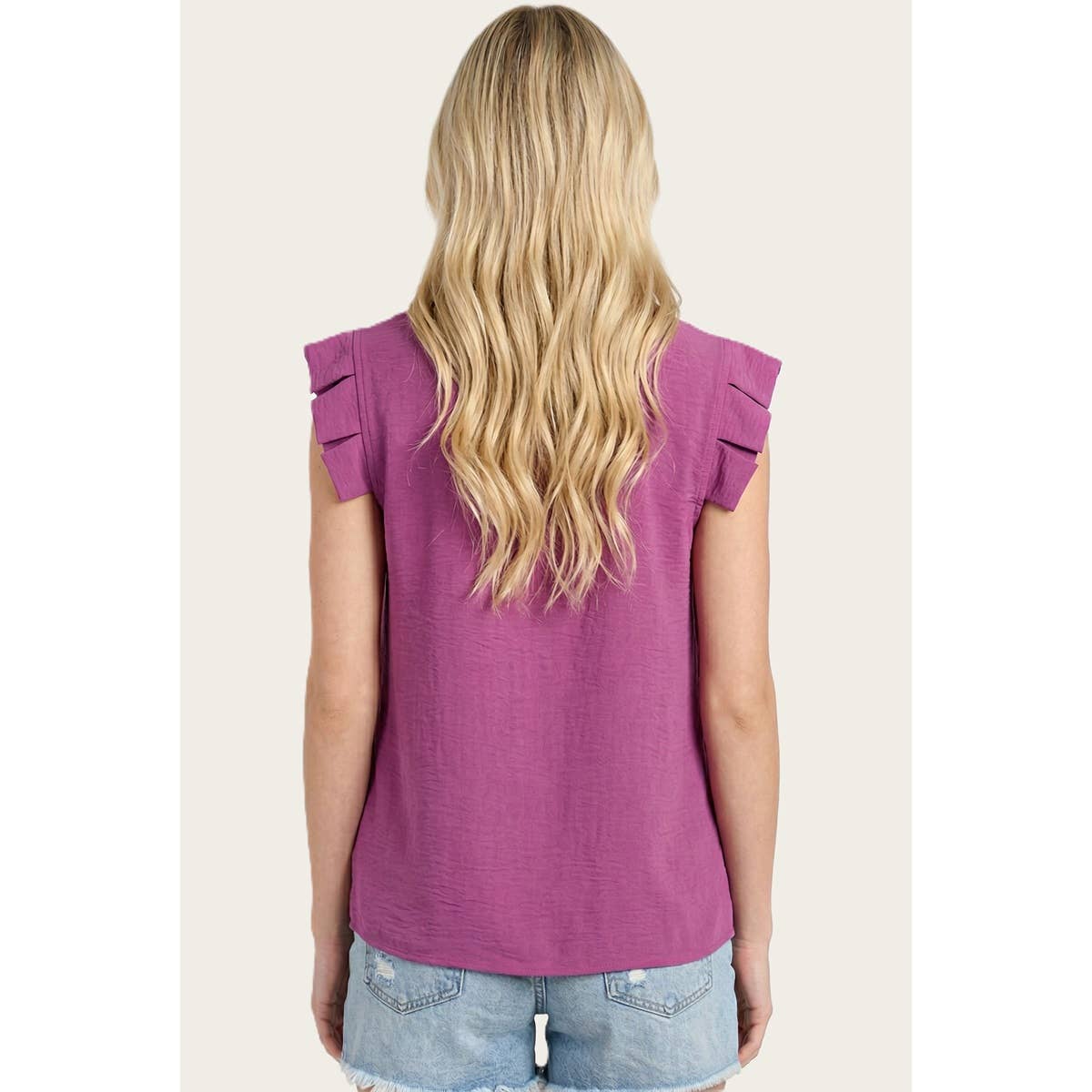 FRILLED ELASTIC NECK GATHERED SOLID TOP