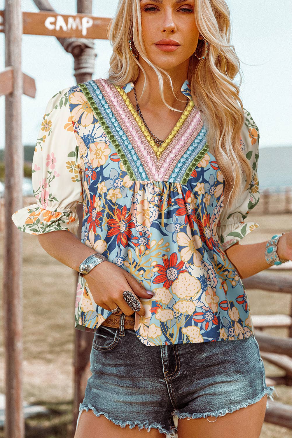 Fashion-W Boho V Neck Half Sleeve Floral Blouse Wholesale