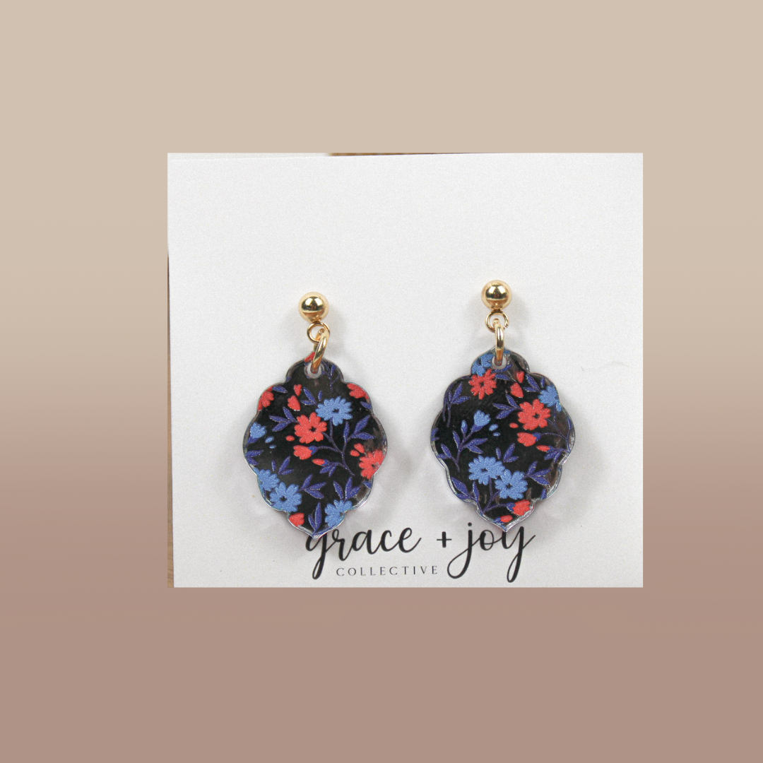 Blue & Red Floral Scalloped Dangle Earrings 4th of July