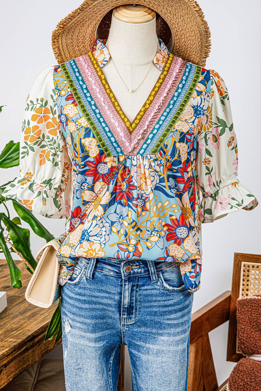 Fashion-W Boho V Neck Half Sleeve Floral Blouse Wholesale