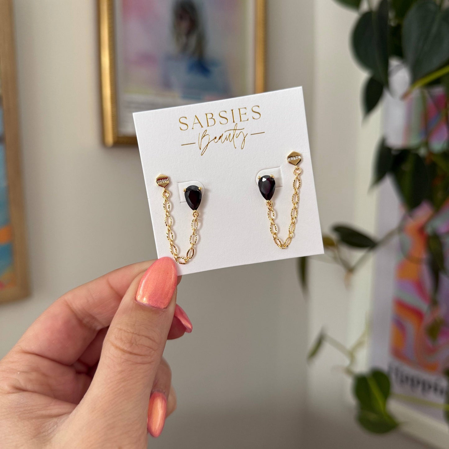 Black Crystal Gold Chain Double Stud