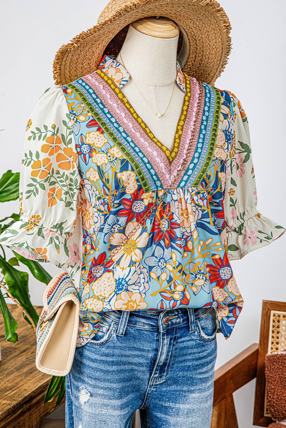 Fashion-W Boho V Neck Half Sleeve Floral Blouse Wholesale