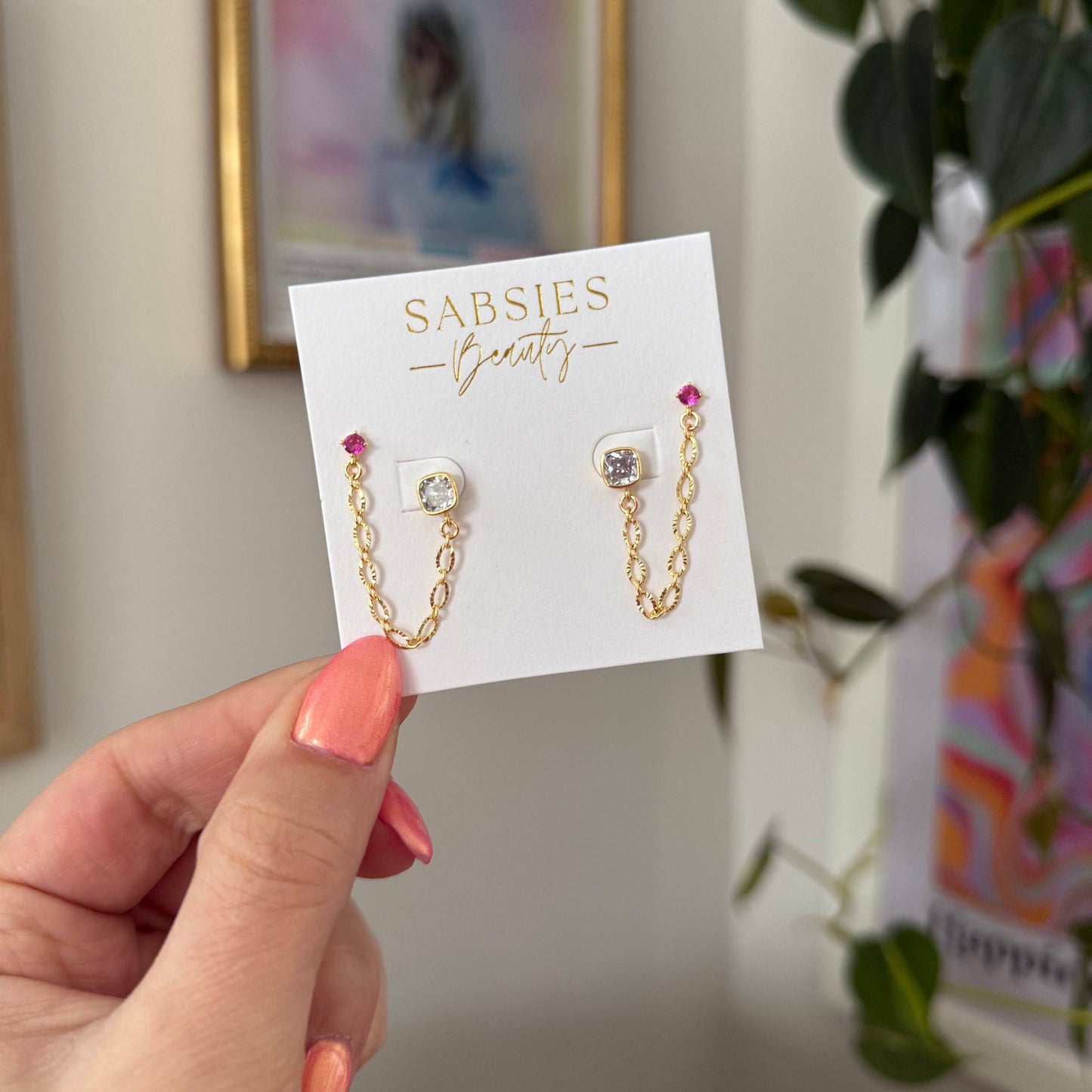 Crystal and Magenta Gold Chain Double Stud