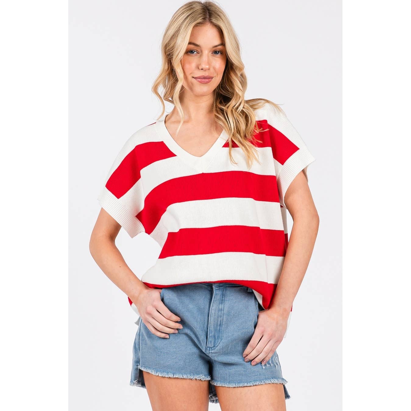 VIBRANT STRIPED SHORT SLEEVE SWEATER KNIT TOP *FINAL SALE*