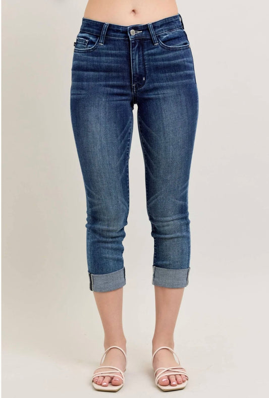 Judy Blue Mid Rise Dark Wash Cuffed Capri Denim Jeans 72121 *Final Sale*