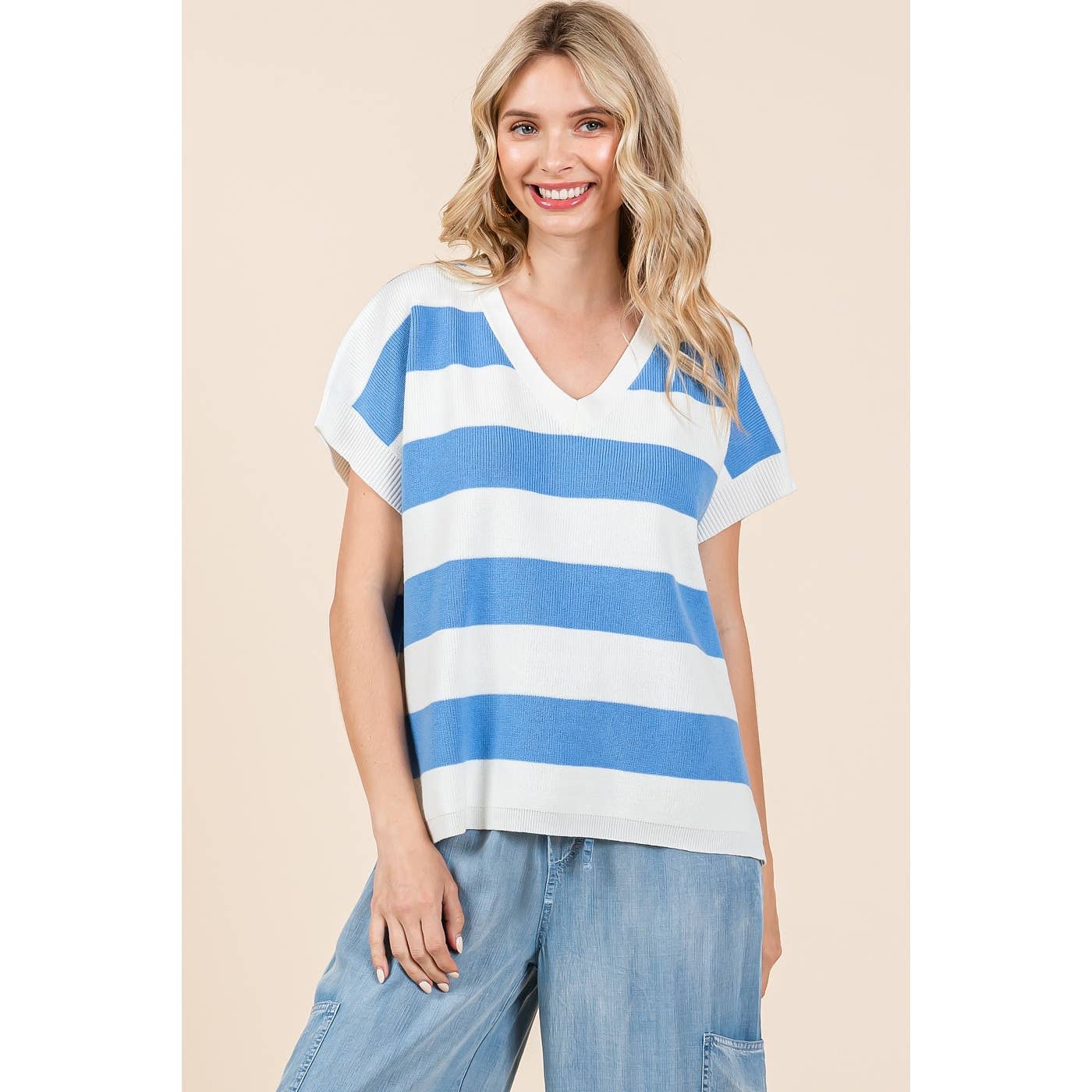 VIBRANT STRIPED SHORT SLEEVE SWEATER KNIT TOP *FINAL SALE*