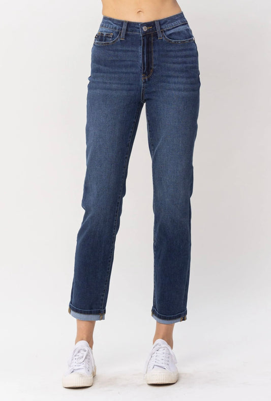 Judy Blue High Waist Cool Denim Jeans Sustainable Cuff Boyfriend Denim Jeans- JB88608DK