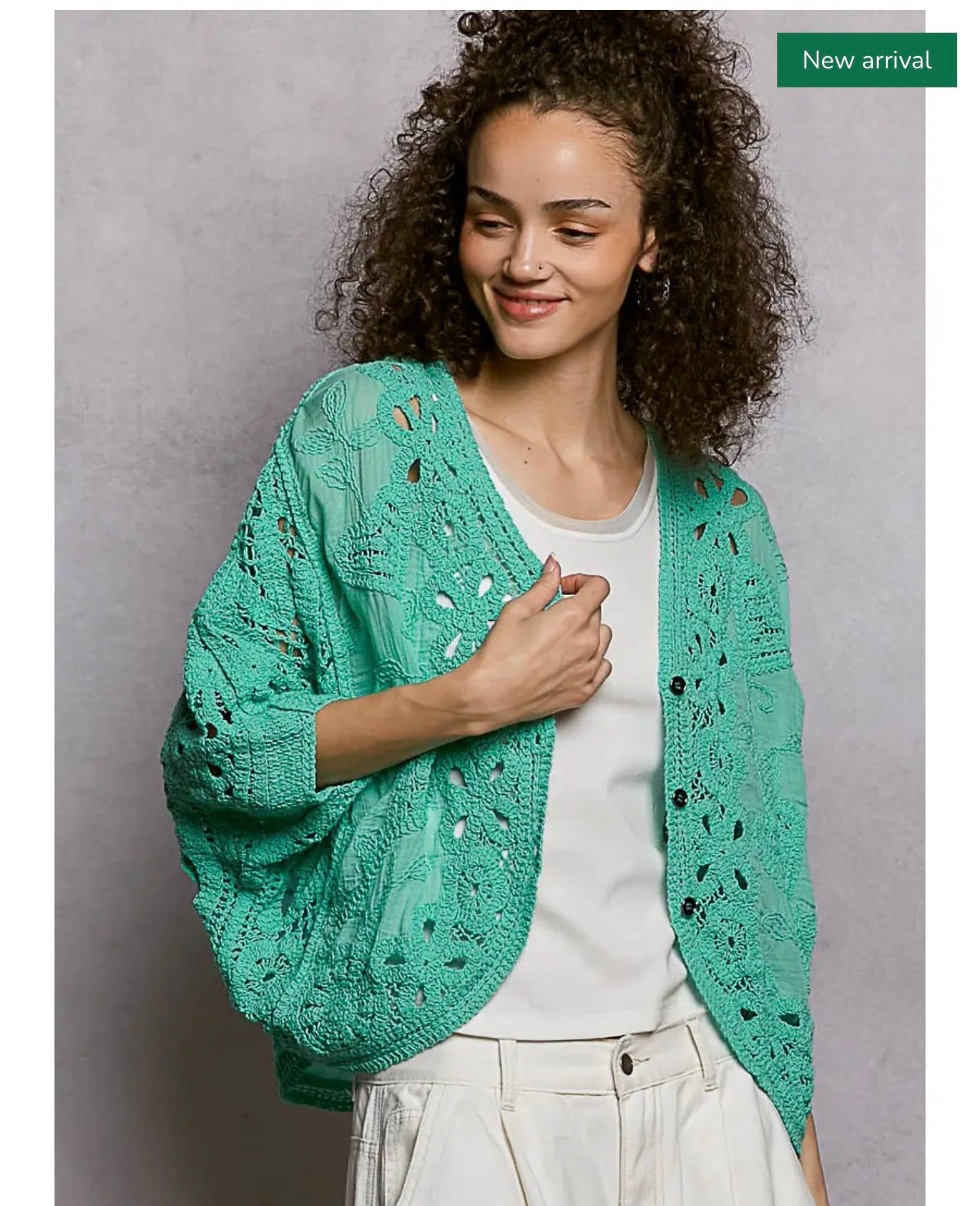 Button Down Crochet Cardigan Top in Mint