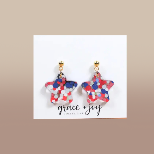 4th of July Red White Blue Star Dangle Earrings, Acrylic