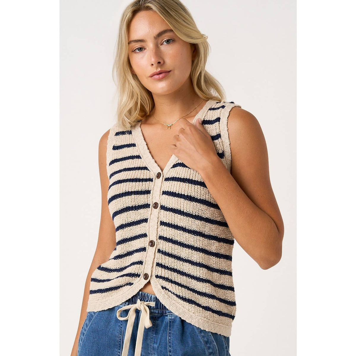 STRIPED V-NECK BUTTONED KNIT SWEATER VEST-Final Sale