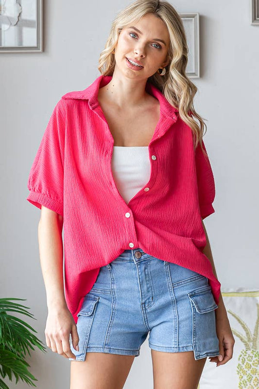 Solid Crinkle Button Down Short Sleeve Blouse T5525 *Final Sale*