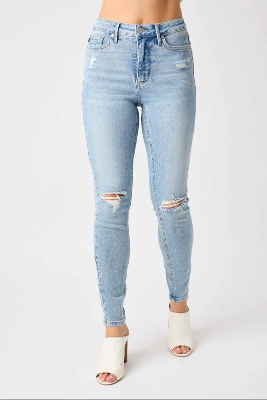 Judy Blue Mid Rise Tummy Control Destroy Skinny Denim Jeans 88797
