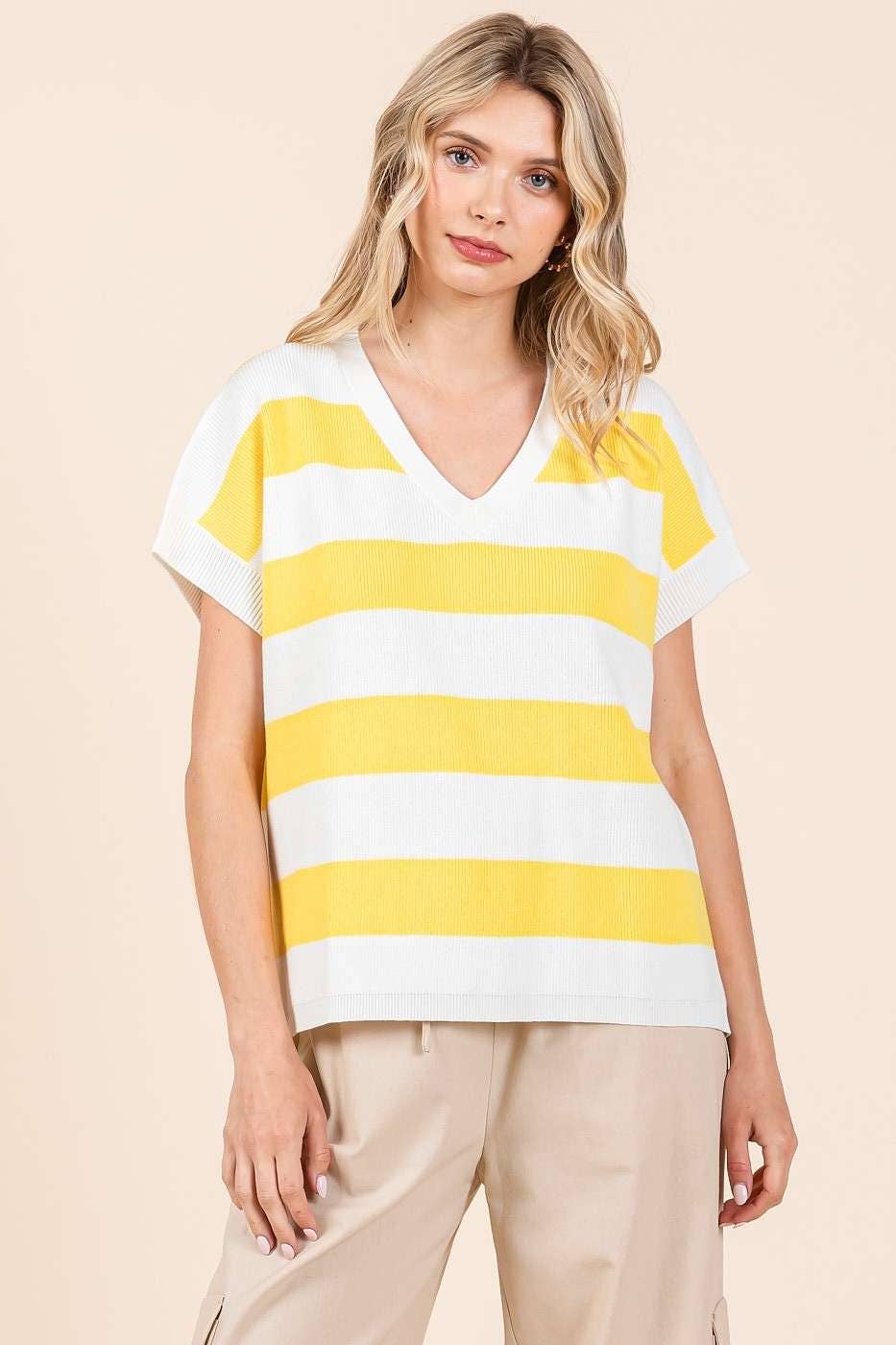 VIBRANT STRIPED SHORT SLEEVE SWEATER KNIT TOP *FINAL SALE*