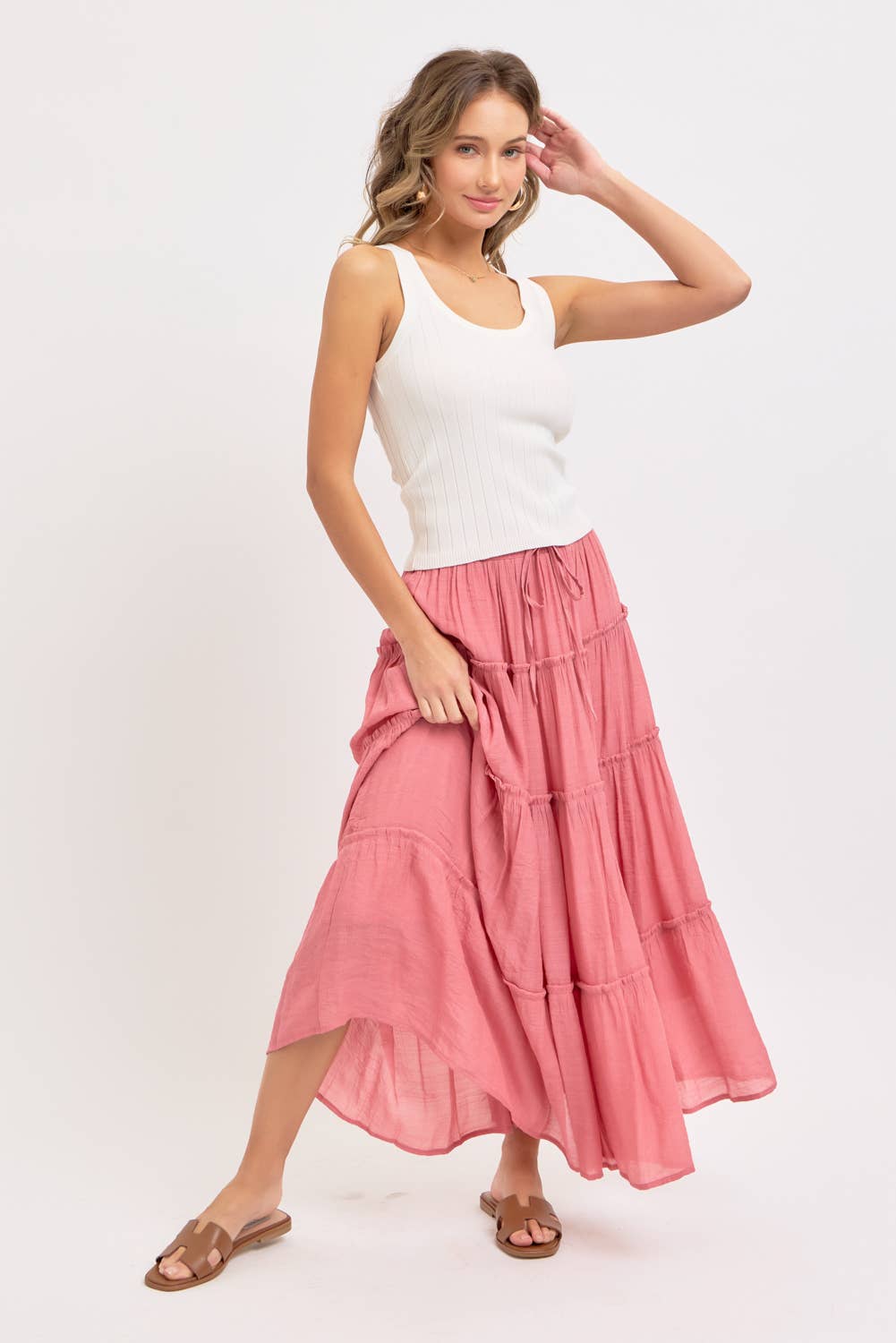 CASUAL PULL ON ELASTIC WAIST TIERED MAXI SKIRT