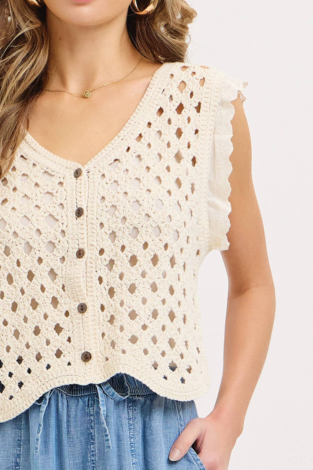 OPEN KNIT CROCHET BUTTON FRONT TOP