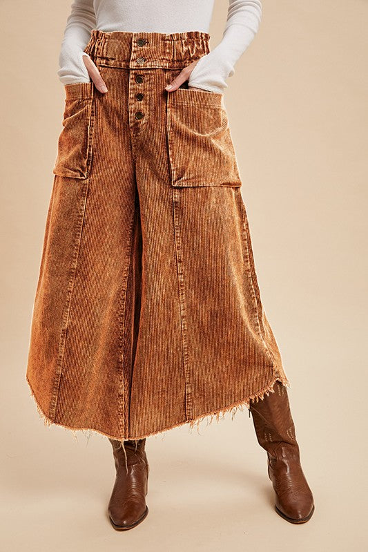Mineral Wash Cropped Fray Hem Corduroy Wide Pants
