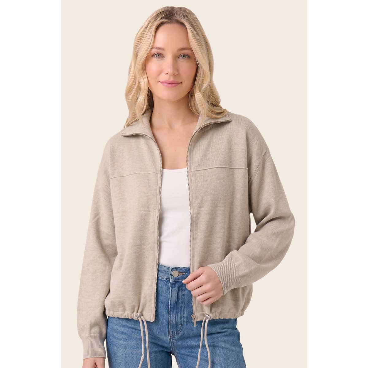 ZIP UP DRAWSTRING HEM SWEATER JACKET