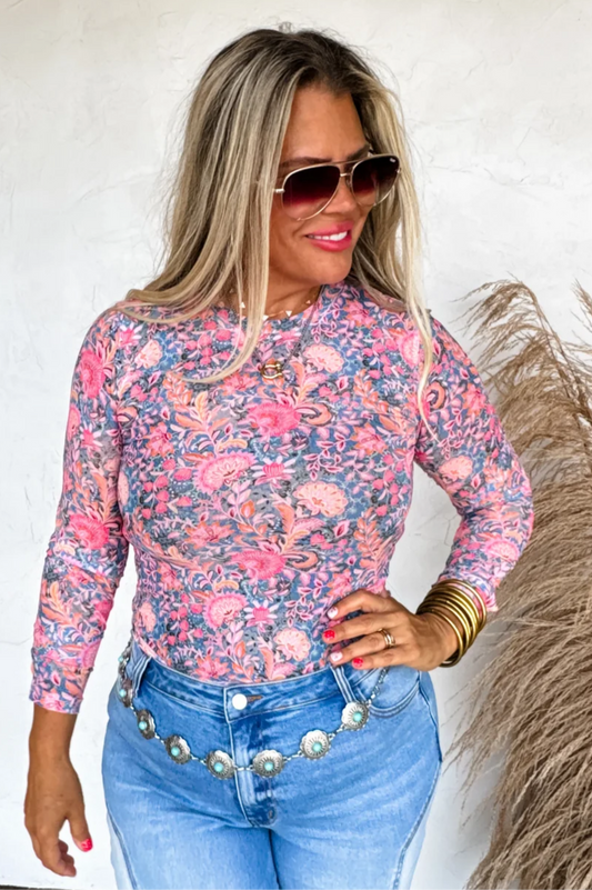 Bright floral mesh top
