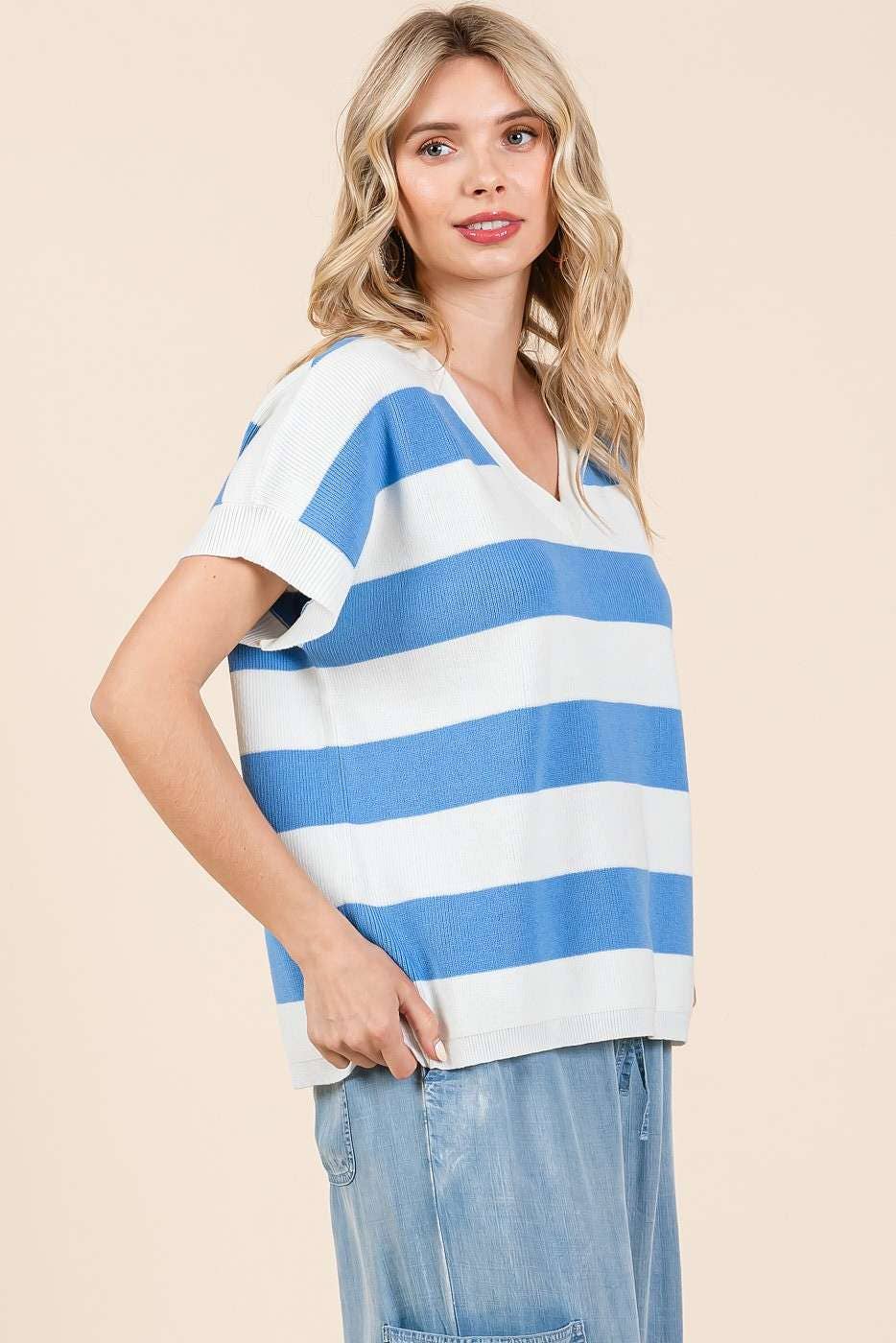 VIBRANT STRIPED SHORT SLEEVE SWEATER KNIT TOP *FINAL SALE*