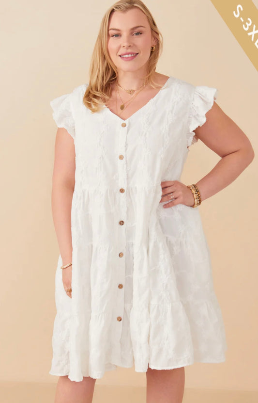 White Textured Floral Button Tiered Dress with Pockets