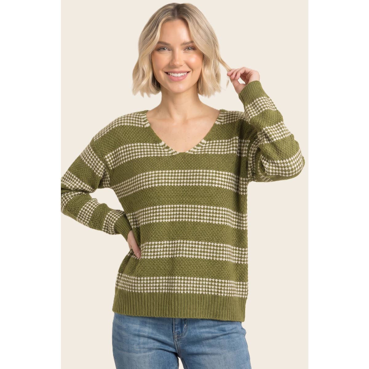 WAFFLE TEXTURE STRIPED SWEATER